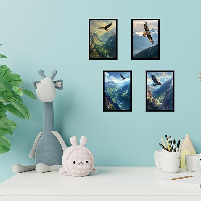 Framed Mountain Serenity Posters With Glass for Home and Office Decoration - Set of 4 | A4 Size | 230 GSM Glossy Paper (Set 3)