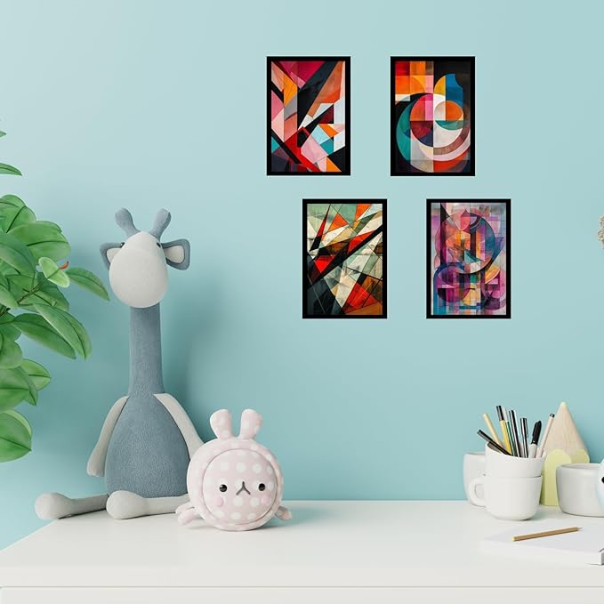 Framed Abstract Geometric Posters With Glass for Home and Office Decoration - Set of 4 | A4 Size | 230 GSM Glossy Paper (Set 10)