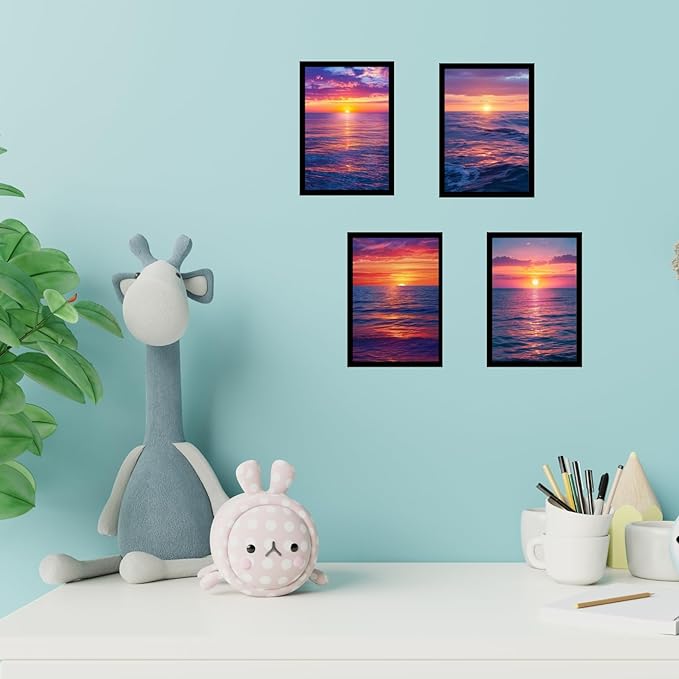 Framed Sunset Over the Ocean Posters With Glass for Home and Office Decoration - Set of 4 | A4 Size | 230 GSM Glossy Paper (Set 8)