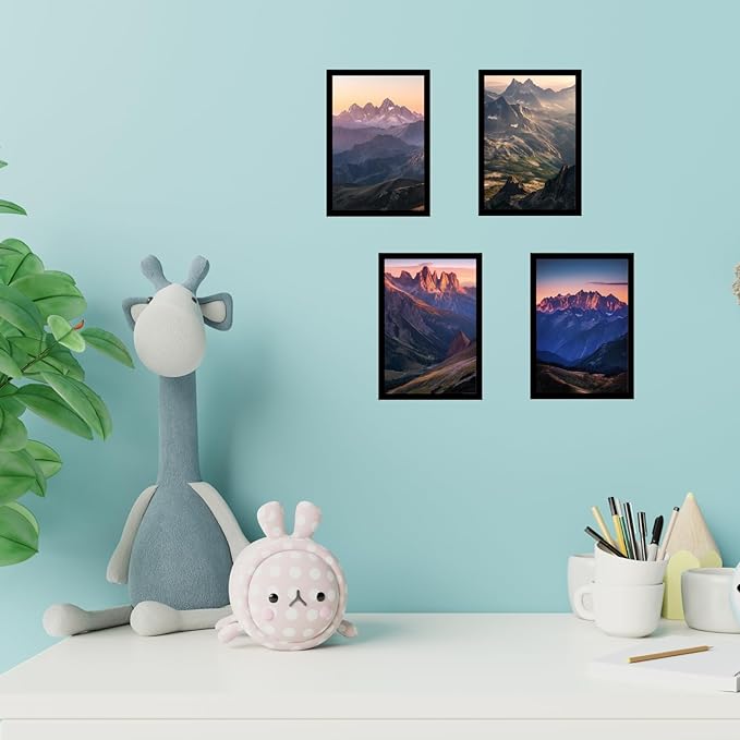 Framed Mountain Serenity Posters With Glass for Home and Office Decoration - Set of 4 | A4 Size | 230 GSM Glossy Paper (Set 6)