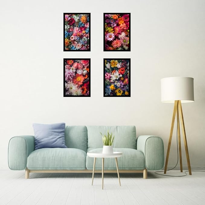 Framed Floral Posters With Glass for Home and Office Decoration - Set of 4 | A4 Size | 230 GSM Glossy Paper (Set 6)