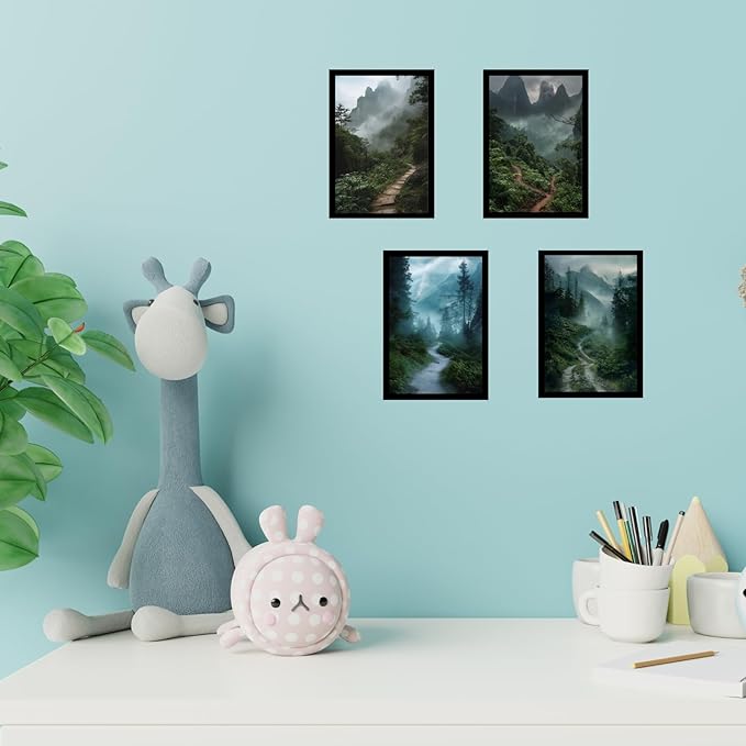 Framed Mountain Serenity Posters With Glass for Home and Office Decoration - Set of 4 | A4 Size | 230 GSM Glossy Paper (Set 8)