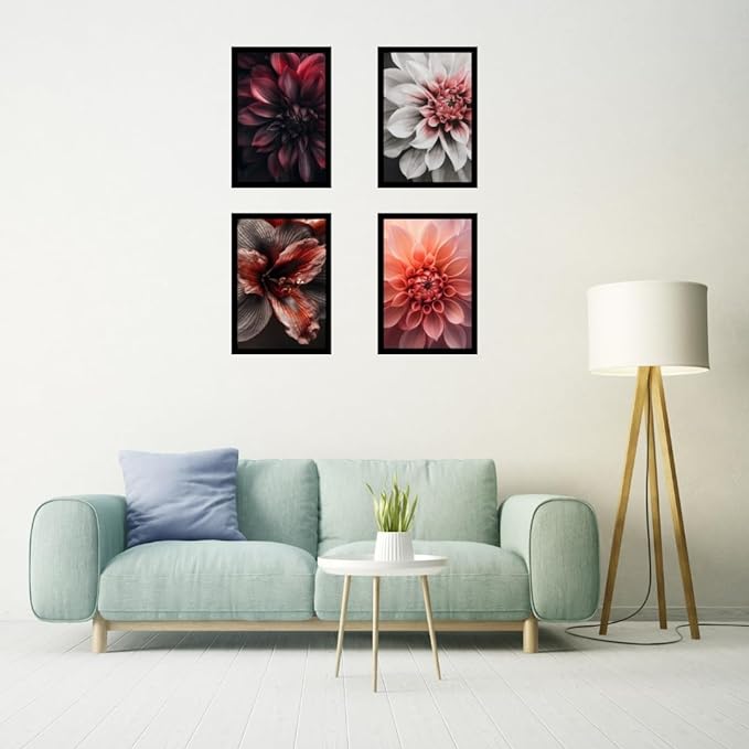 Framed Floral Posters With Glass for Home and Office Decoration - Set of 4 | A4 Size | 230 GSM Glossy Paper (Set 10)