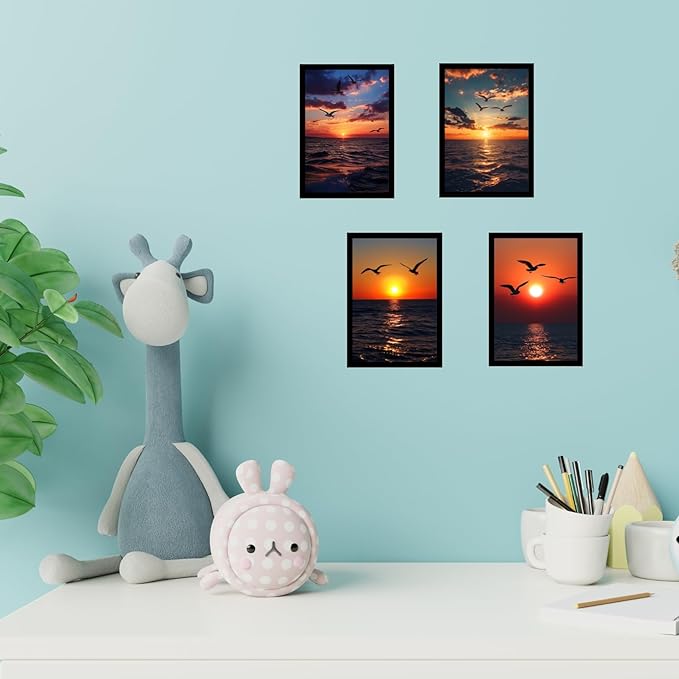 Framed Sunset Over the Ocean Posters With Glass for Home and Office Decoration - Set of 4 | A4 Size | 230 GSM Glossy Paper (Set 6)