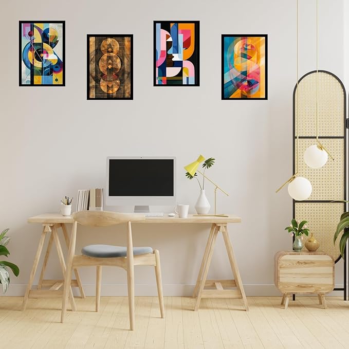 Framed Abstract Geometric Posters With Glass for Home and Office Decoration - Set of 4 | A4 Size | 230 GSM Glossy Paper (Set 7)