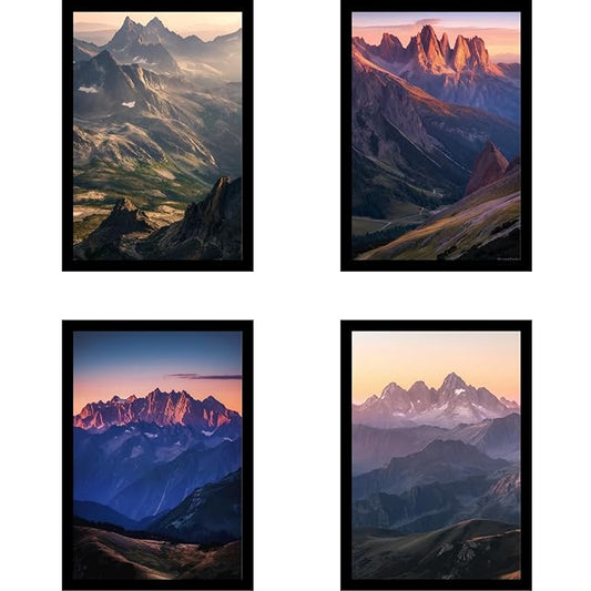 Framed Mountain Serenity Posters With Glass for Home and Office Decoration - Set of 4 | A4 Size | 230 GSM Glossy Paper (Set 5)