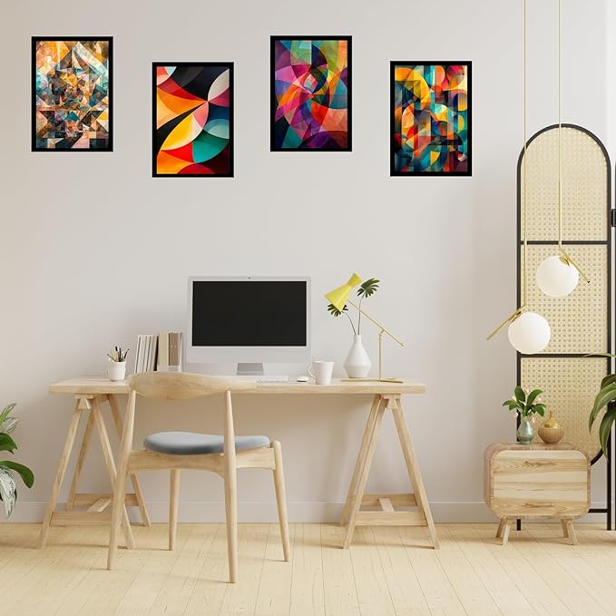 Framed Abstract Geometric Posters With Glass for Home and Office Decoration - Set of 4 | A4 Size | 230 GSM Glossy Paper (Set 9)