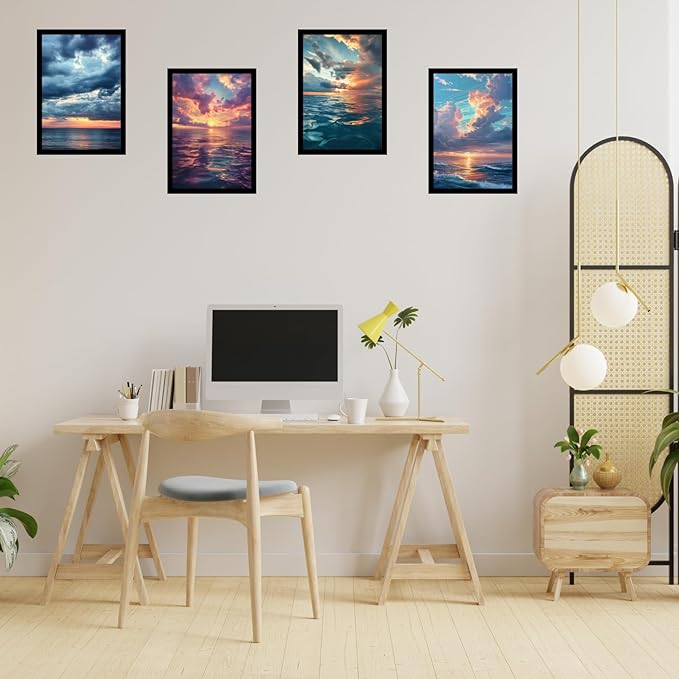 Framed Sunset Over the Ocean Posters With Glass for Home and Office Decoration - Set of 4 | A4 Size | 230 GSM Glossy Paper (Set 3)