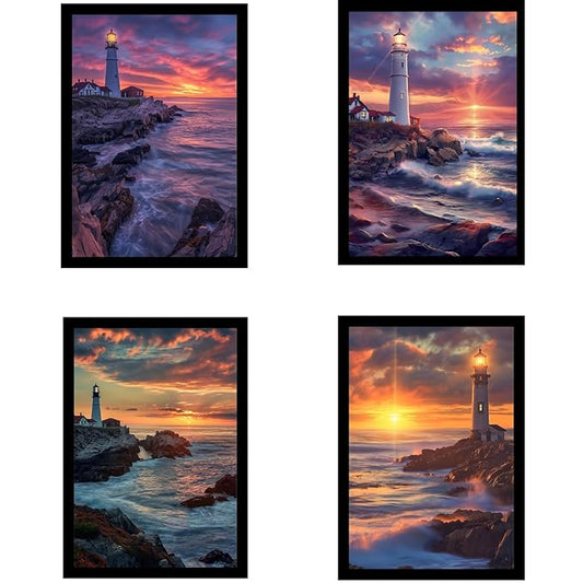 Framed Sunset Over the Ocean Posters With Glass for Home and Office Decoration - Set of 4 | A4 Size | 230 GSM Glossy Paper (Set 10)
