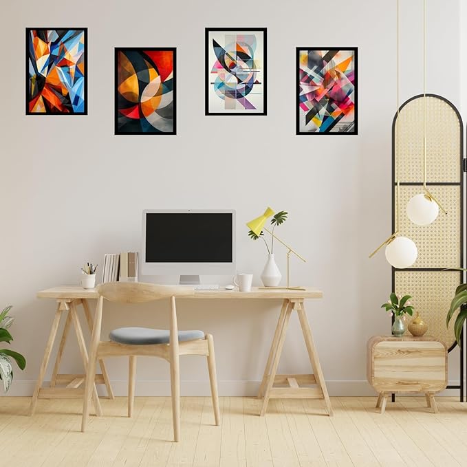 Framed Abstract Geometric Posters With Glass for Home and Office Decoration - Set of 4 | A4 Size | 230 GSM Glossy Paper (Set 1)