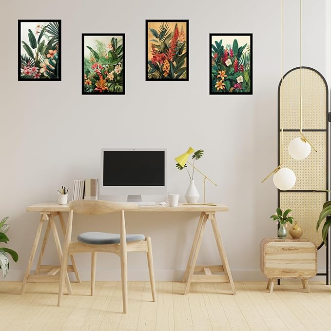 Framed Floral Posters With Glass for Home and Office Decoration - Set of 4 | A4 Size | 230 GSM Glossy Paper (Set 4)