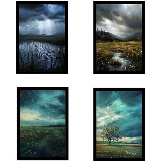 Framed Rain Posters With Glass for Home and Office Decoration - Set of 4 | A4 Size | 230 GSM Glossy Paper (Set 7)