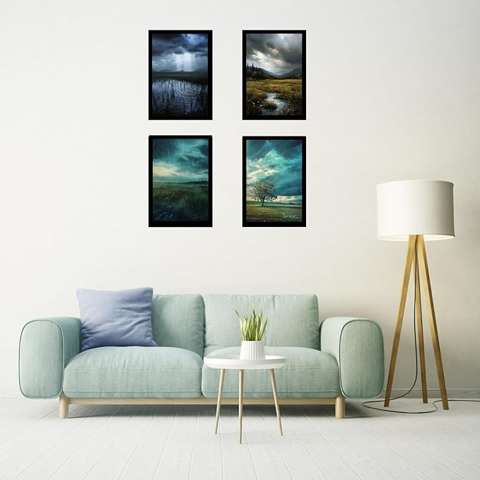 Framed Rain Posters With Glass for Home and Office Decoration - Set of 4 | A4 Size | 230 GSM Glossy Paper (Set 7)