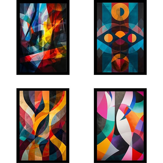 Framed Abstract Geometric Posters With Glass for Home and Office Decoration - Set of 4 | A4 Size | 230 GSM Glossy Paper (Set 2)