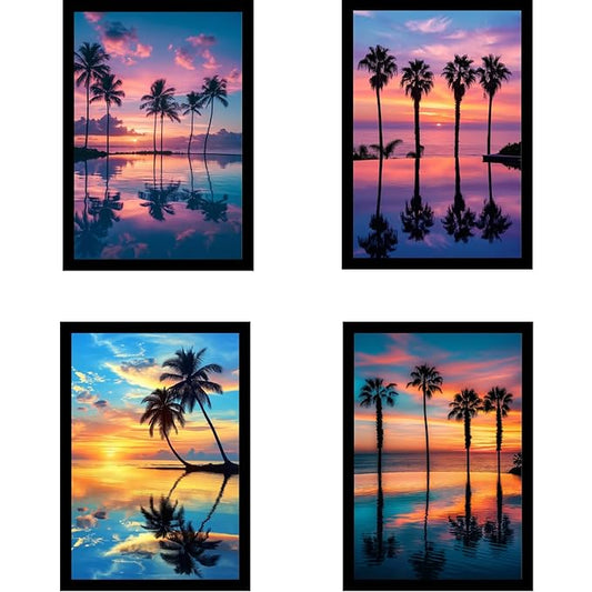 Framed Sunset Over the Ocean Posters With Glass for Home and Office Decoration - Set of 4 | A4 Size | 230 GSM Glossy Paper (Set 2)