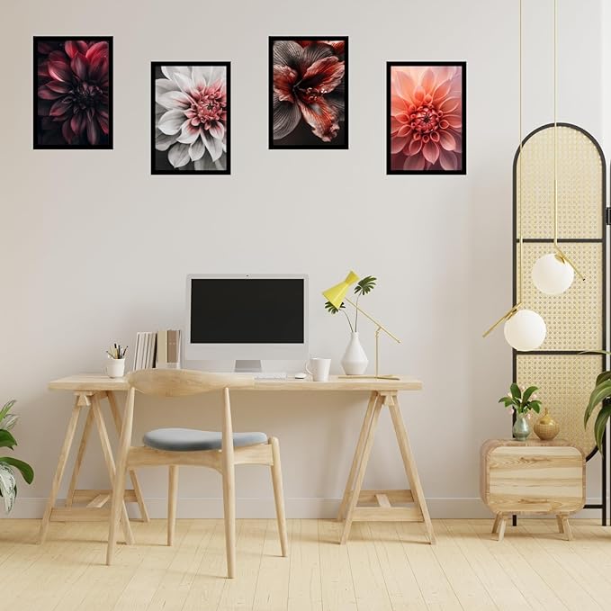 Framed Floral Posters With Glass for Home and Office Decoration - Set of 4 | A4 Size | 230 GSM Glossy Paper (Set 10)