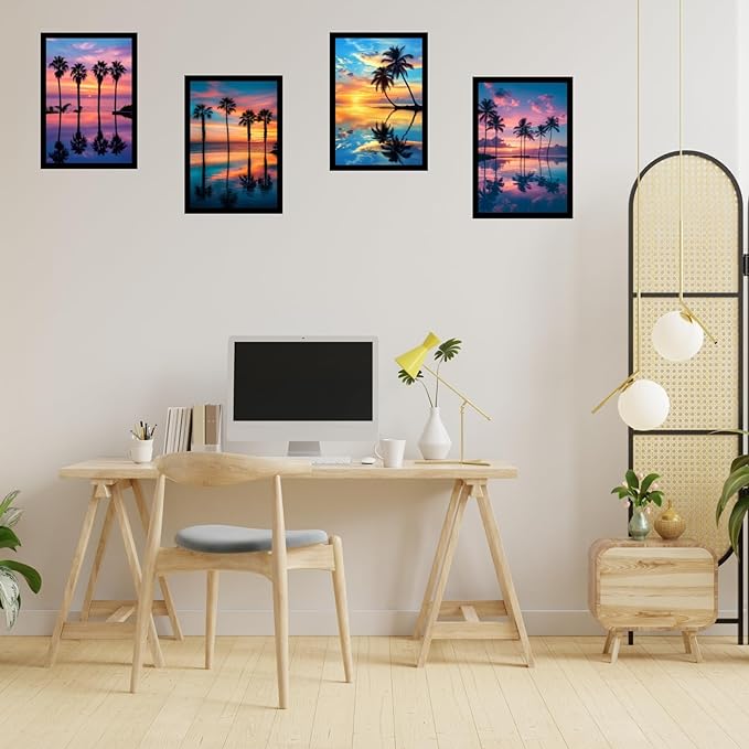 Framed Sunset Over the Ocean Posters With Glass for Home and Office Decoration - Set of 4 | A4 Size | 230 GSM Glossy Paper (Set 2)