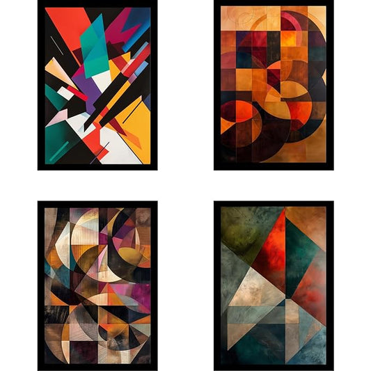 Framed Abstract Geometric Posters With Glass for Home and Office Decoration - Set of 4 | A4 Size | 230 GSM Glossy Paper (Set 6)