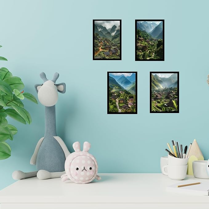 Framed Mountain Serenity Posters With Glass for Home and Office Decoration - Set of 4 | A4 Size | 230 GSM Glossy Paper (Set 2)