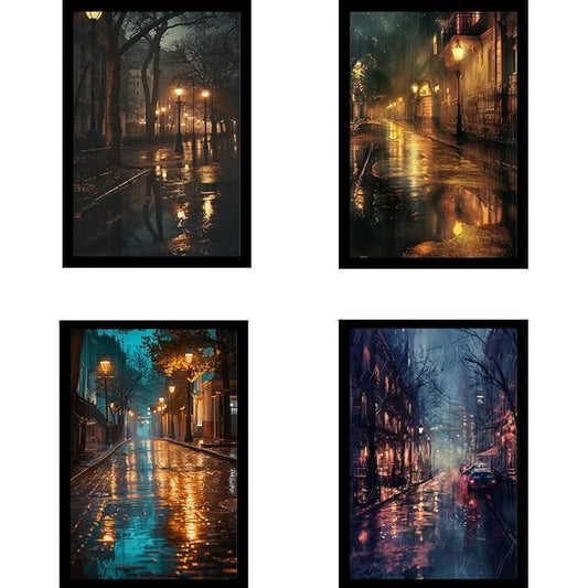 Framed Rain Posters With Glass for Home and Office Decoration - Set of 4 | A4 Size | 230 GSM Glossy Paper (Set 2)