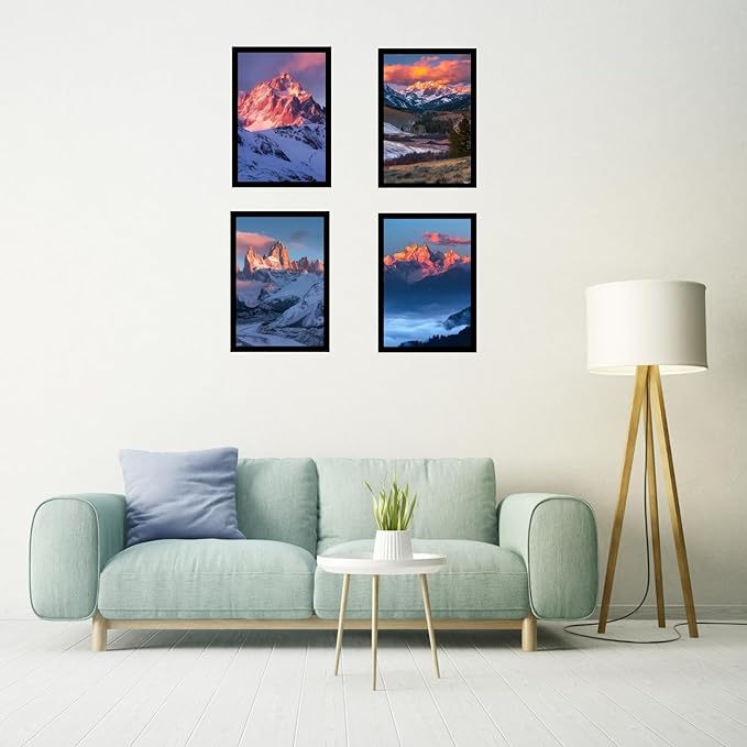 Framed Mountain Serenity Posters With Glass for Home and Office Decoration - Set of 4 | A4 Size | 230 GSM Glossy Paper (Set 1)