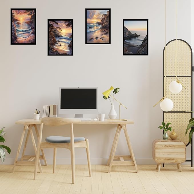 Framed Sunset Over the Ocean Posters With Glass for Home and Office Decoration - Set of 4 | A4 Size | 230 GSM Glossy Paper (Set 7)