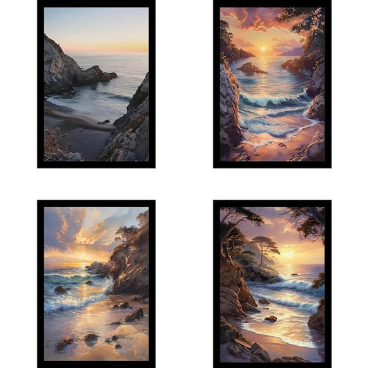 Framed Sunset Over the Ocean Posters With Glass for Home and Office Decoration - Set of 4 | A4 Size | 230 GSM Glossy Paper (Set 7)