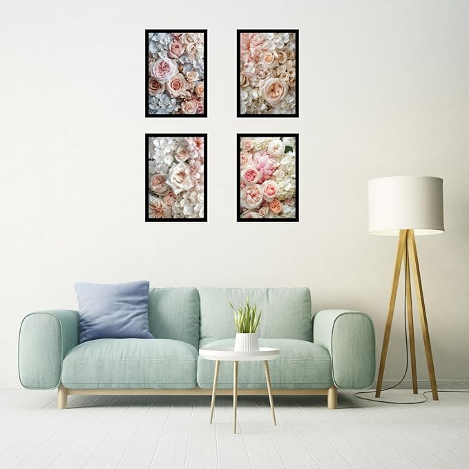 Framed Floral Posters With Glass for Home and Office Decoration - Set of 4 | A4 Size | 230 GSM Glossy Paper (Set 2)
