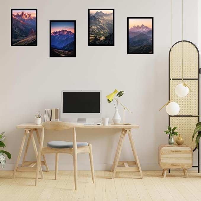 Framed Mountain Serenity Posters With Glass for Home and Office Decoration - Set of 4 | A4 Size | 230 GSM Glossy Paper (Set 5)