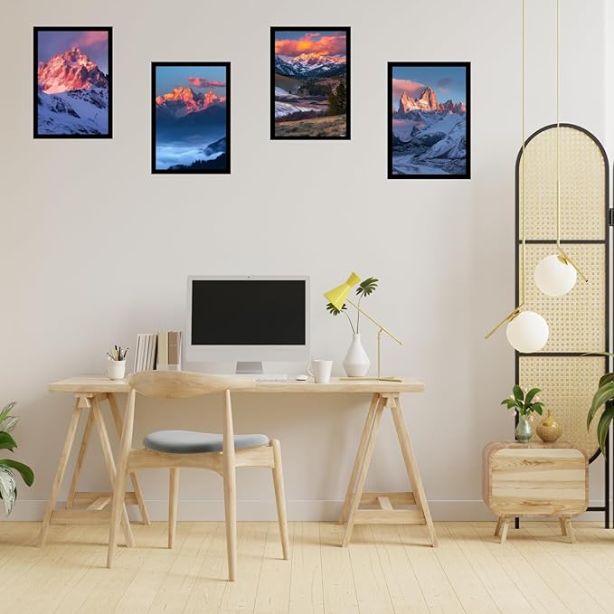 Framed Mountain Serenity Posters With Glass for Home and Office Decoration - Set of 4 | A4 Size | 230 GSM Glossy Paper (Set 1)