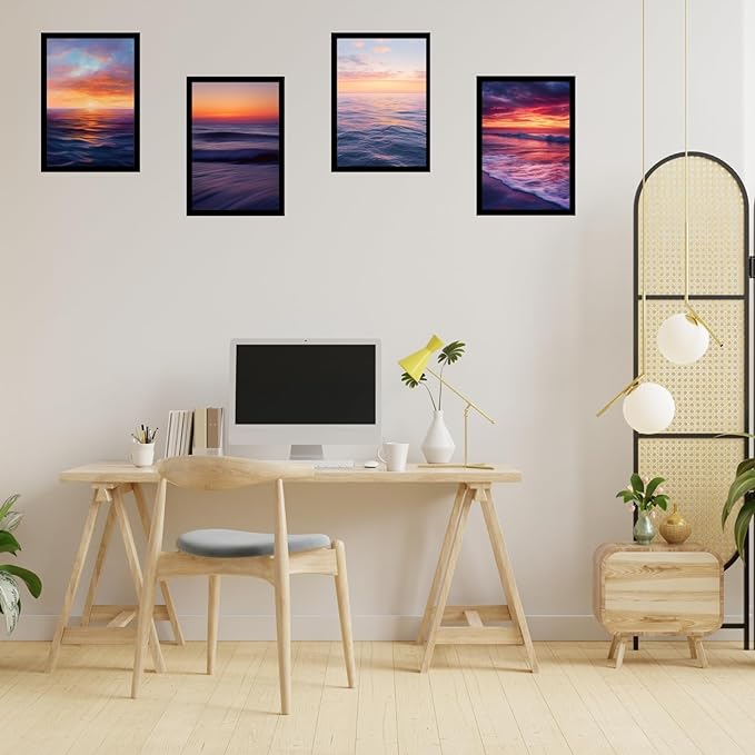Framed Sunset Over the Ocean Posters With Glass for Home and Office Decoration - Set of 4 | A4 Size | 230 GSM Glossy Paper (Set 5)