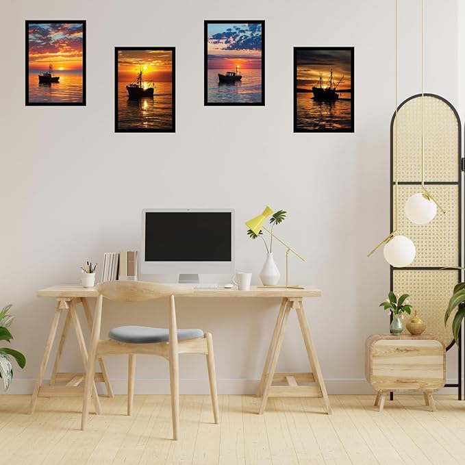 Framed Sunset Over the Ocean Posters With Glass for Home and Office Decoration - Set of 4 | A4 Size | 230 GSM Glossy Paper (Set 1)