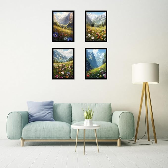 Framed Mountain Serenity Posters With Glass for Home and Office Decoration - Set of 4 | A4 Size | 230 GSM Glossy Paper (Set 7)