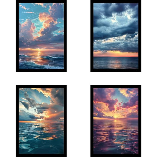 Framed Sunset Over the Ocean Posters With Glass for Home and Office Decoration - Set of 4 | A4 Size | 230 GSM Glossy Paper (Set 3)