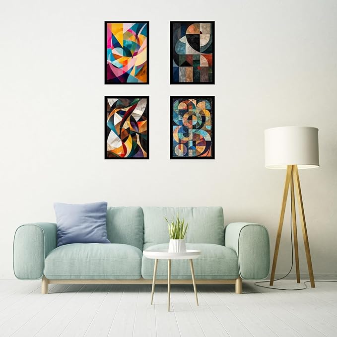 Framed Abstract Geometric Posters With Glass for Home and Office Decoration - Set of 4 | A4 Size | 230 GSM Glossy Paper (Set 3)