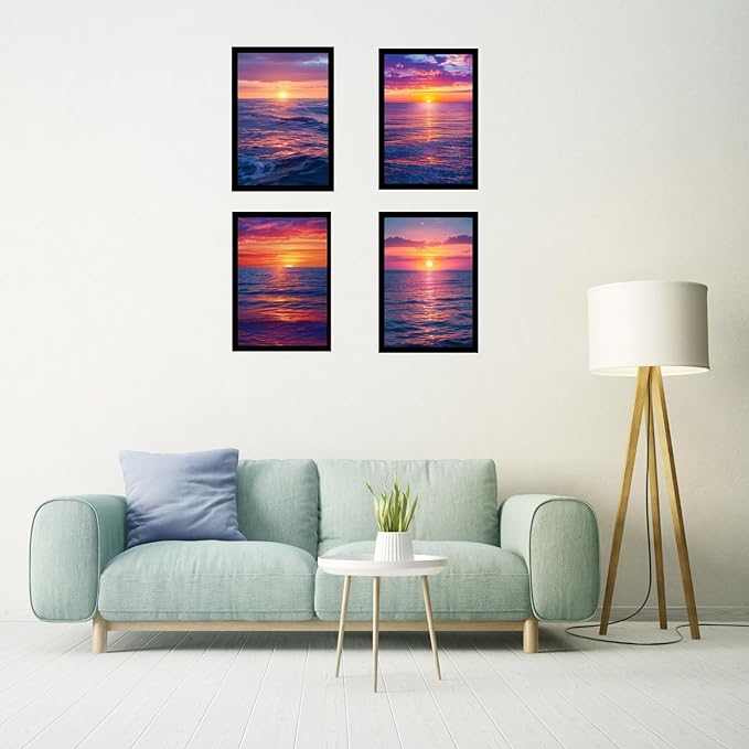 Framed Sunset Over the Ocean Posters With Glass for Home and Office Decoration - Set of 4 | A4 Size | 230 GSM Glossy Paper (Set 8)