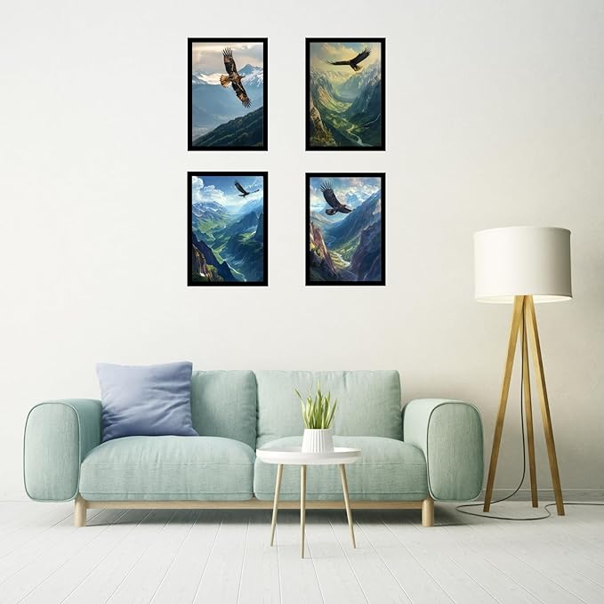 Framed Mountain Serenity Posters With Glass for Home and Office Decoration - Set of 4 | A4 Size | 230 GSM Glossy Paper (Set 3)