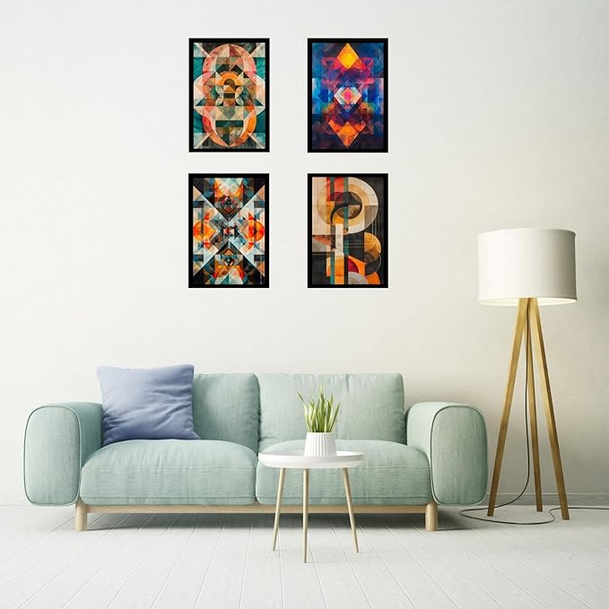 Framed Abstract Geometric Posters With Glass for Home and Office Decoration - Set of 4 | A4 Size | 230 GSM Glossy Paper (Set 8)