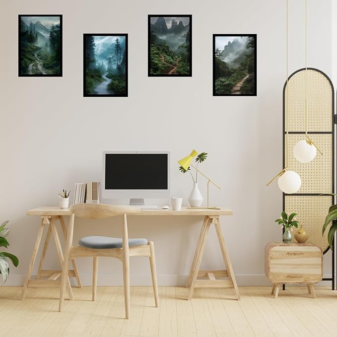 Framed Mountain Serenity Posters With Glass for Home and Office Decoration - Set of 4 | A4 Size | 230 GSM Glossy Paper (Set 8)
