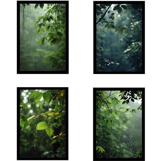 Framed Rain Posters With Glass for Home and Office Decoration - Set of 4 | A4 Size | 230 GSM Glossy Paper (Set 6)