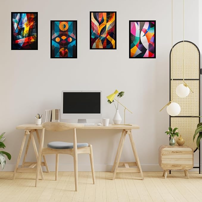 Framed Abstract Geometric Posters With Glass for Home and Office Decoration - Set of 4 | A4 Size | 230 GSM Glossy Paper (Set 2)