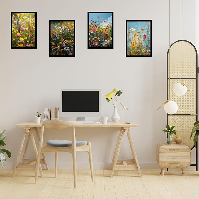 Framed Floral Posters With Glass for Home and Office Decoration - Set of 4 | A4 Size | 230 GSM Glossy Paper (Set 5)