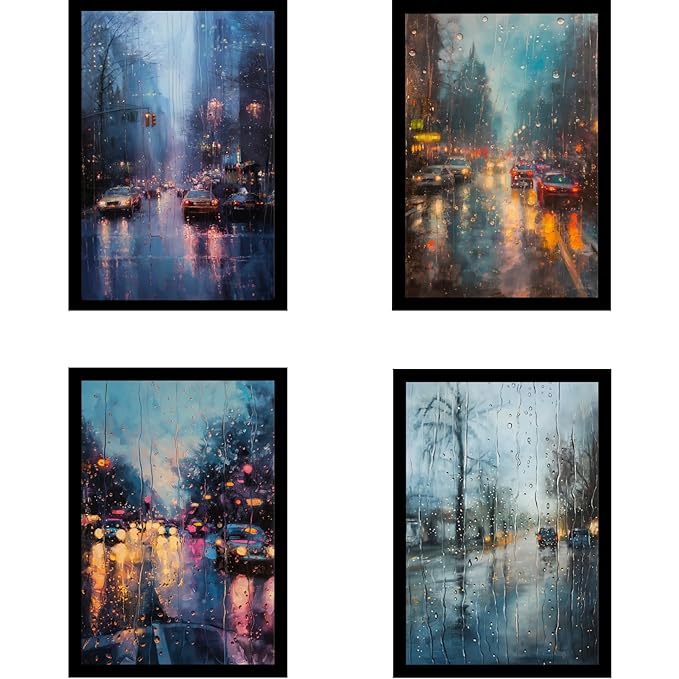 Framed Rain Posters With Glass for Home and Office Decoration - Set of 4 | A4 Size | 230 GSM Glossy Paper (Set 1)