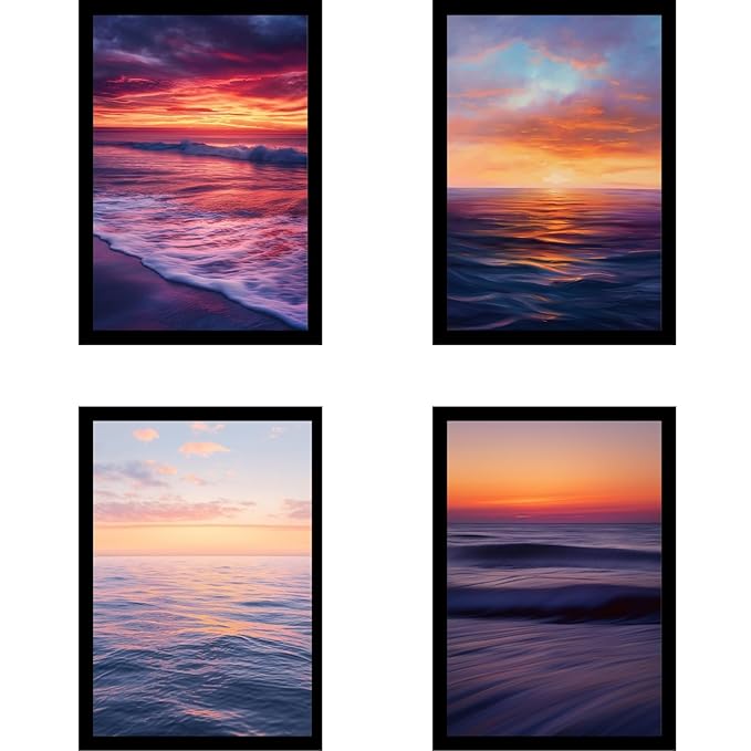 Framed Sunset Over the Ocean Posters With Glass for Home and Office Decoration - Set of 4 | A4 Size | 230 GSM Glossy Paper (Set 5)