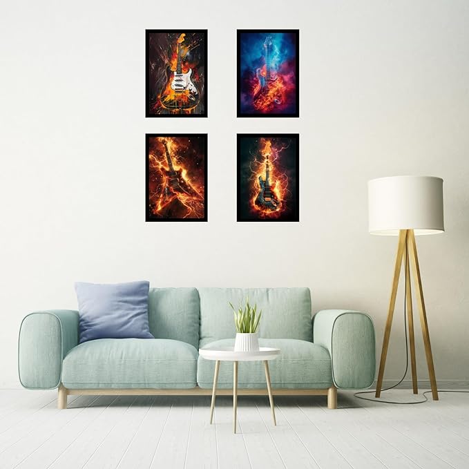 Framed Music Instruments Posters With Glass for Home and Office Decoration - Set of 4 | A4 Size | 230 GSM Glossy Paper (Set 7)