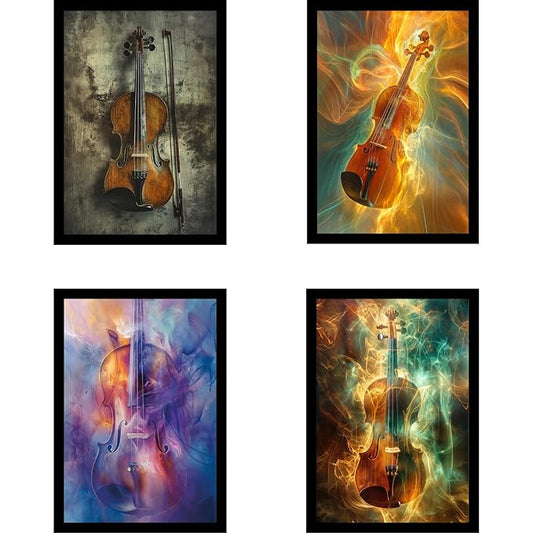 Framed Music Instruments Posters With Glass for Home and Office Decoration - Set of 4 | A4 Size | 230 GSM Glossy Paper (Set 10)