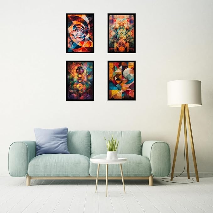 Framed Abstract Geometric Posters With Glass for Home and Office Decoration - Set of 4 | A4 Size | 230 GSM Glossy Paper (Set 4)