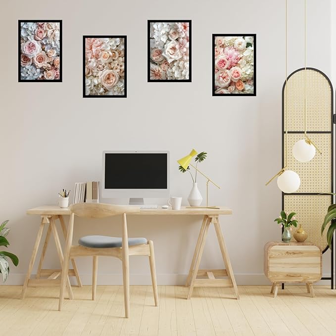 Framed Floral Posters With Glass for Home and Office Decoration - Set of 4 | A4 Size | 230 GSM Glossy Paper (Set 2)