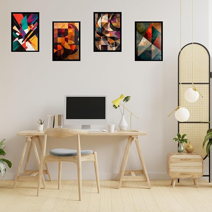 Framed Abstract Geometric Posters With Glass for Home and Office Decoration - Set of 4 | A4 Size | 230 GSM Glossy Paper (Set 6)