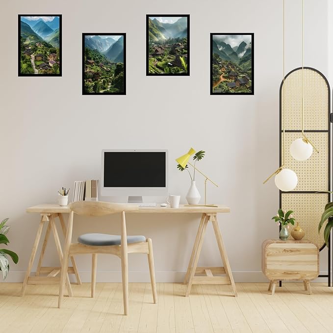 Framed Mountain Serenity Posters With Glass for Home and Office Decoration - Set of 4 | A4 Size | 230 GSM Glossy Paper (Set 2)